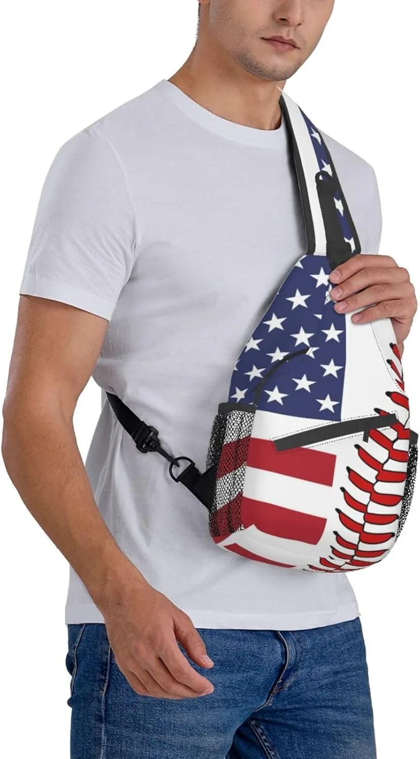 USA Flag Baseball Small Sling Bag for Women Men's Crossbody Backpack Hiking Travel Daypack Shoulder Chest Bag with Adjustable Strap