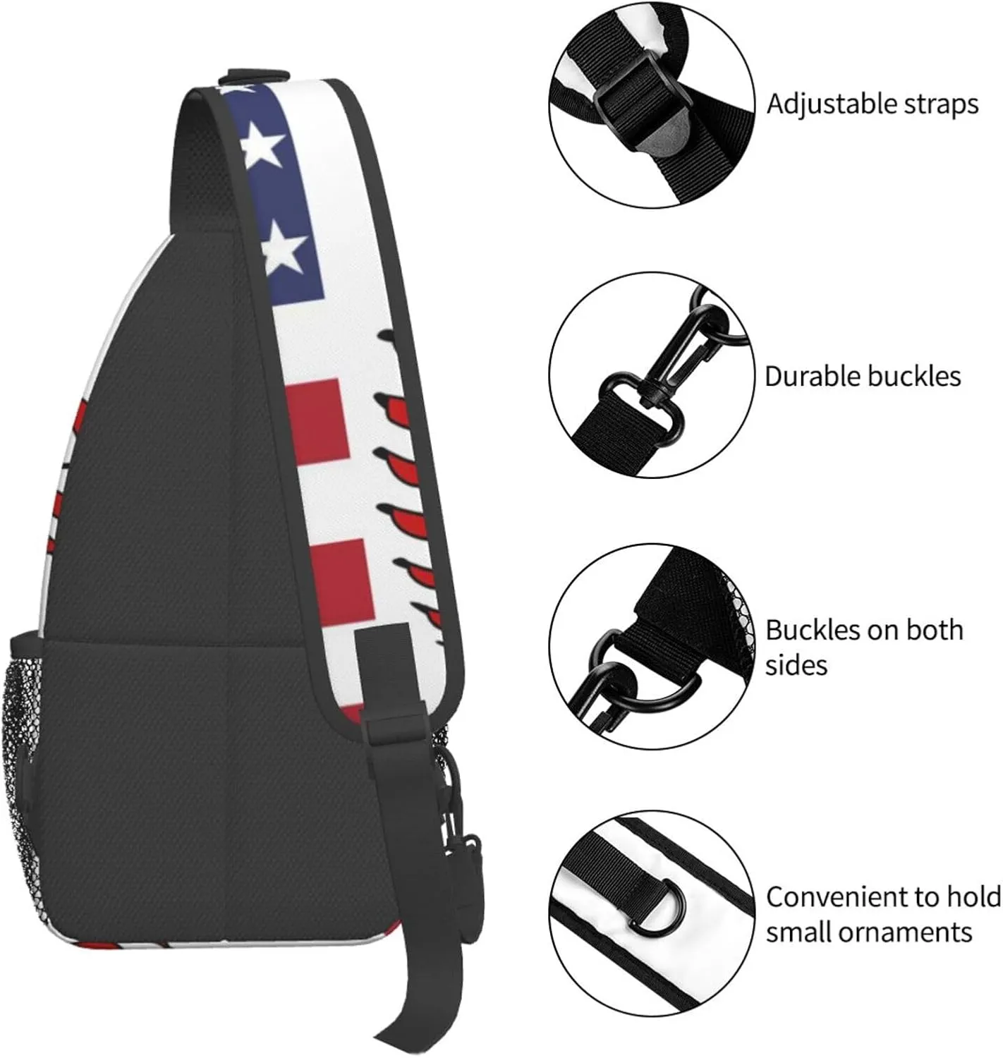 USA Flag Baseball Small Sling Bag for Women Men's Crossbody Backpack Hiking Travel Daypack Shoulder Chest Bag with Adjustable Strap