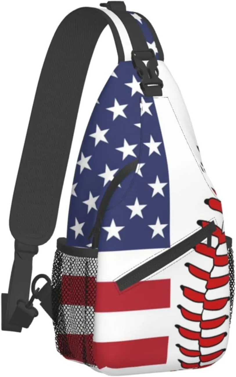 USA Flag Baseball Small Sling Bag for Women Men's Crossbody Backpack Hiking Travel Daypack Shoulder Chest Bag with Adjustable Strap