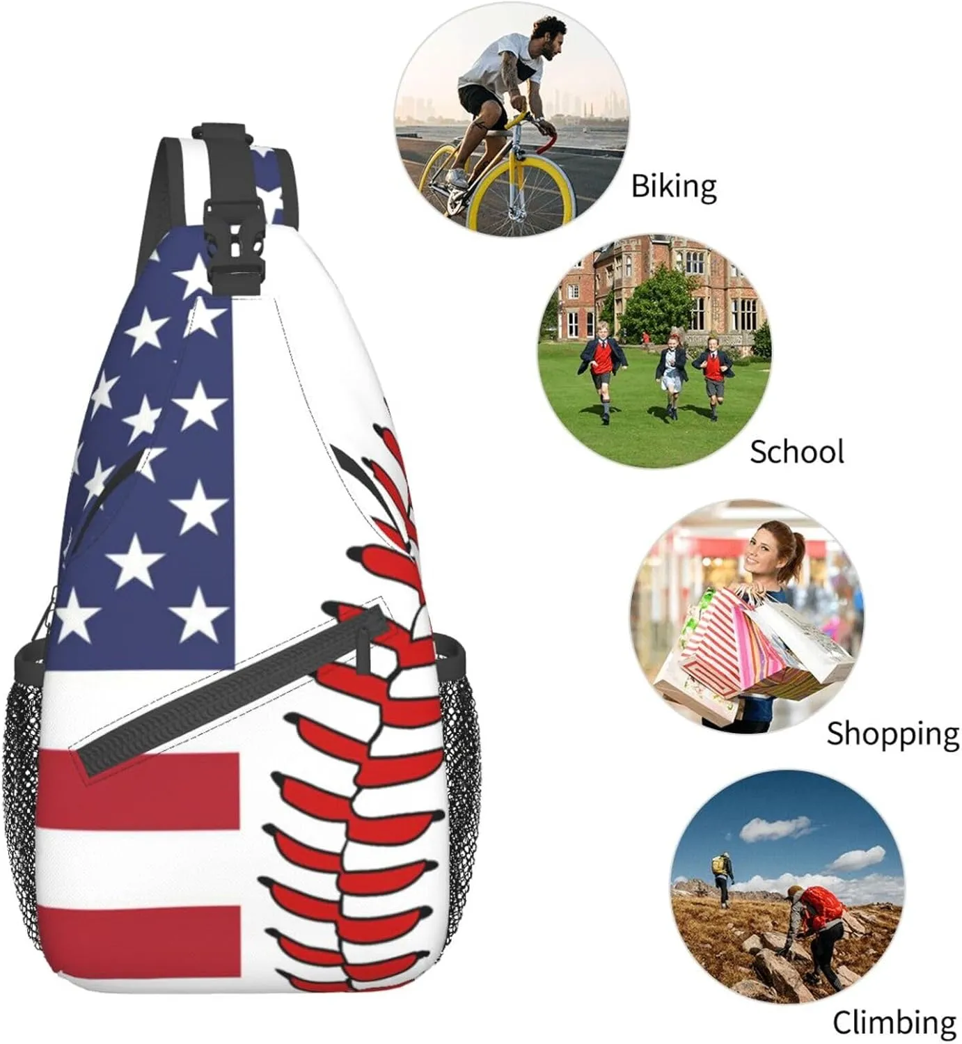 USA Flag Baseball Small Sling Bag for Women Men's Crossbody Backpack Hiking Travel Daypack Shoulder Chest Bag with Adjustable Strap