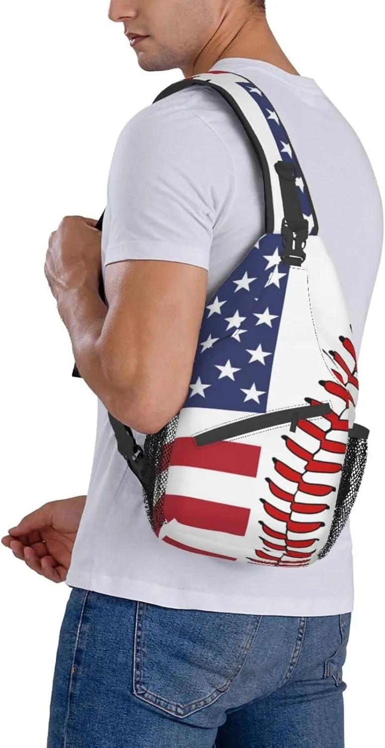 USA Flag Baseball Small Sling Bag for Women Men's Crossbody Backpack Hiking Travel Daypack Shoulder Chest Bag with Adjustable Strap
