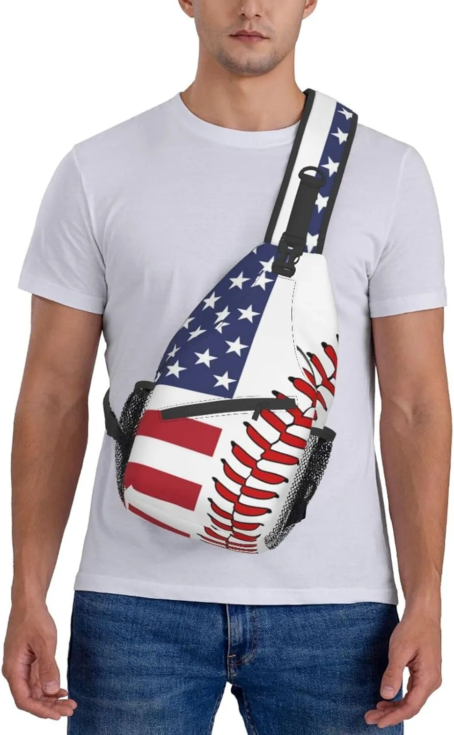 USA Flag Baseball Small Sling Bag for Women Men's Crossbody Backpack Hiking Travel Daypack Shoulder Chest Bag with Adjustable Strap