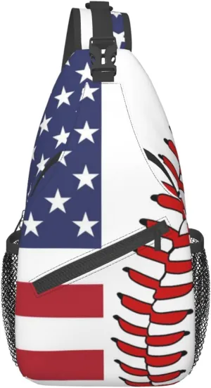USA Flag Baseball Small Sling Bag for Women Men's Crossbody Backpack Hiking Travel Daypack Shoulder Chest Bag with Adjustable Strap
