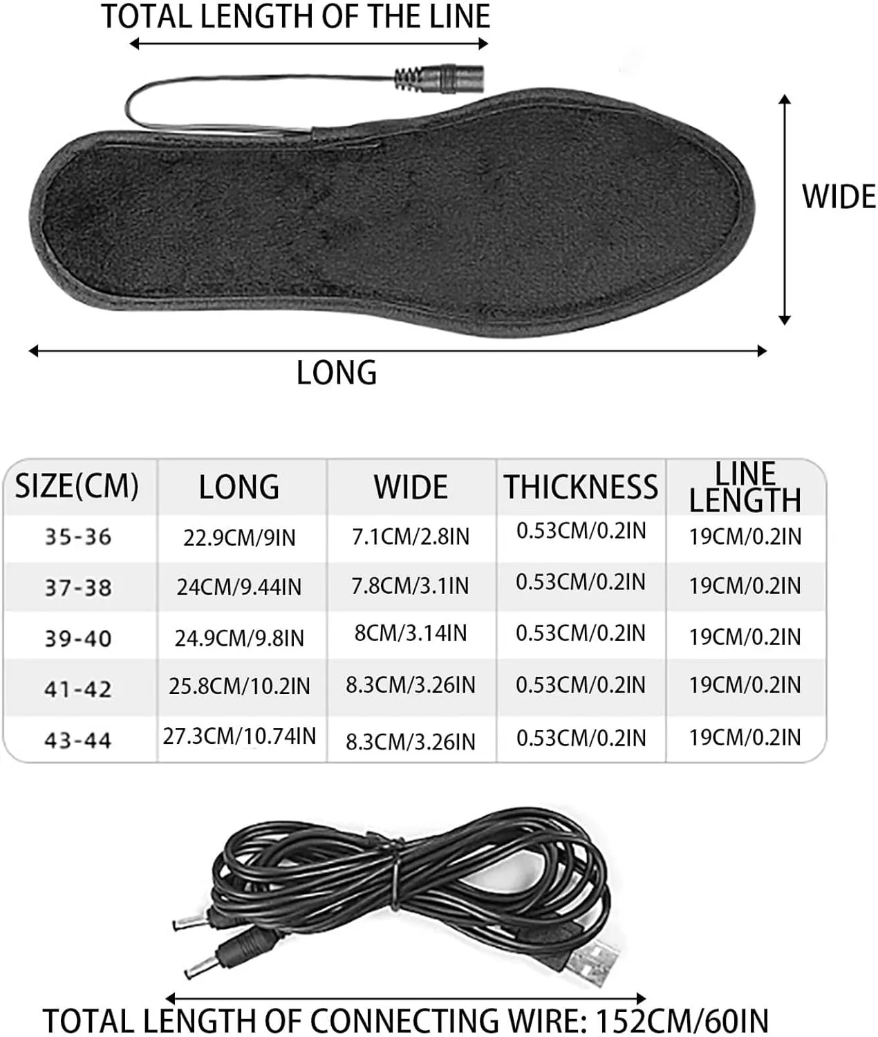 USB Heated Insoles, Rechargeable Electric Foot Warmer for Men and Women, Short Velvet Heating Insole Multiple Sizes for Winter Camping, Fishing, Skiing, Hiking, Size 35-44