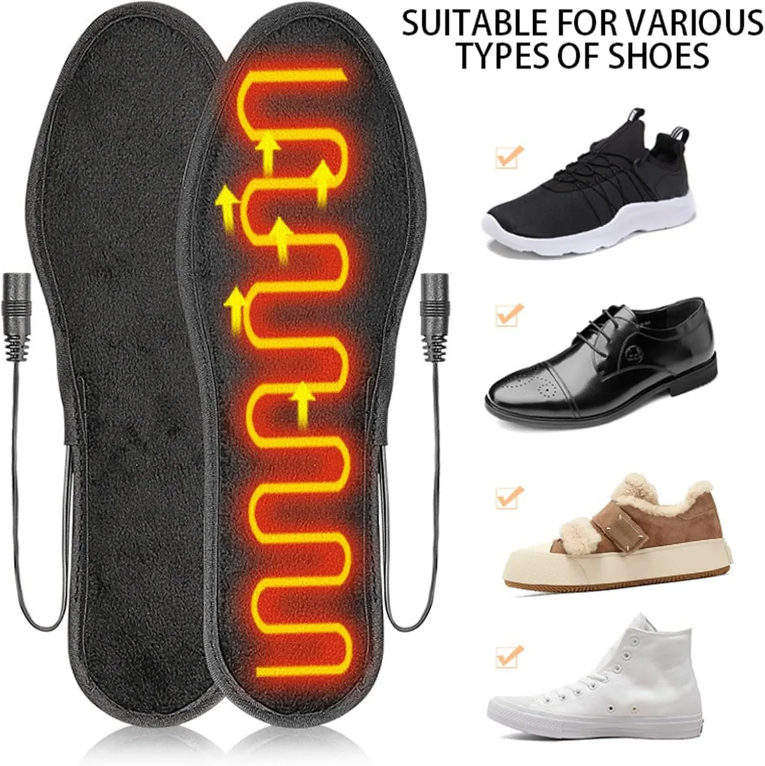 USB Heated Insoles, Rechargeable Electric Foot Warmer for Men and Women, Short Velvet Heating Insole Multiple Sizes for Winter Camping, Fishing, Skiing, Hiking, Size 35-44