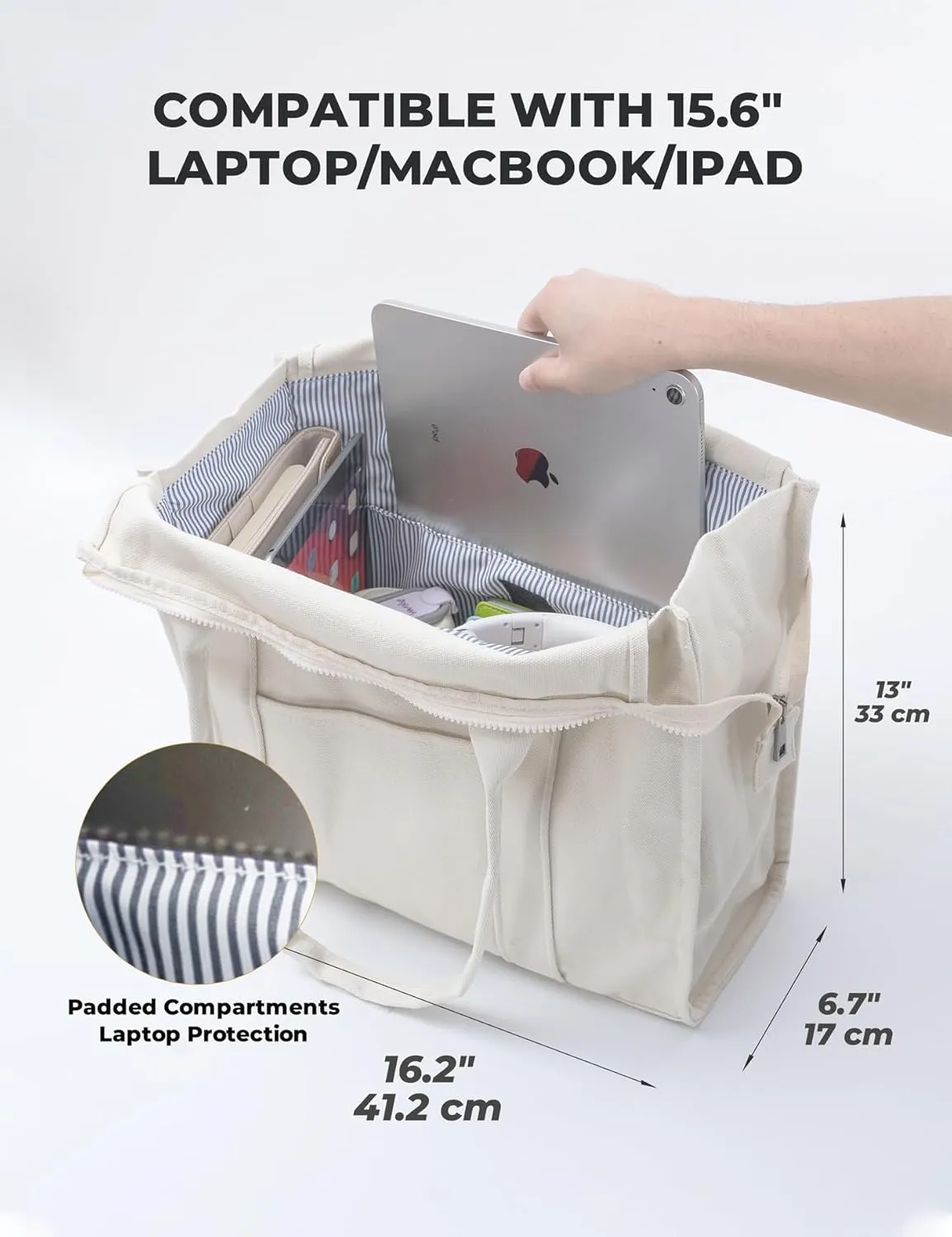 Utility Large Canvas Tote Bag with Compartments.Durable Laptop Bag with Zipper closure,Beach,everyday bag