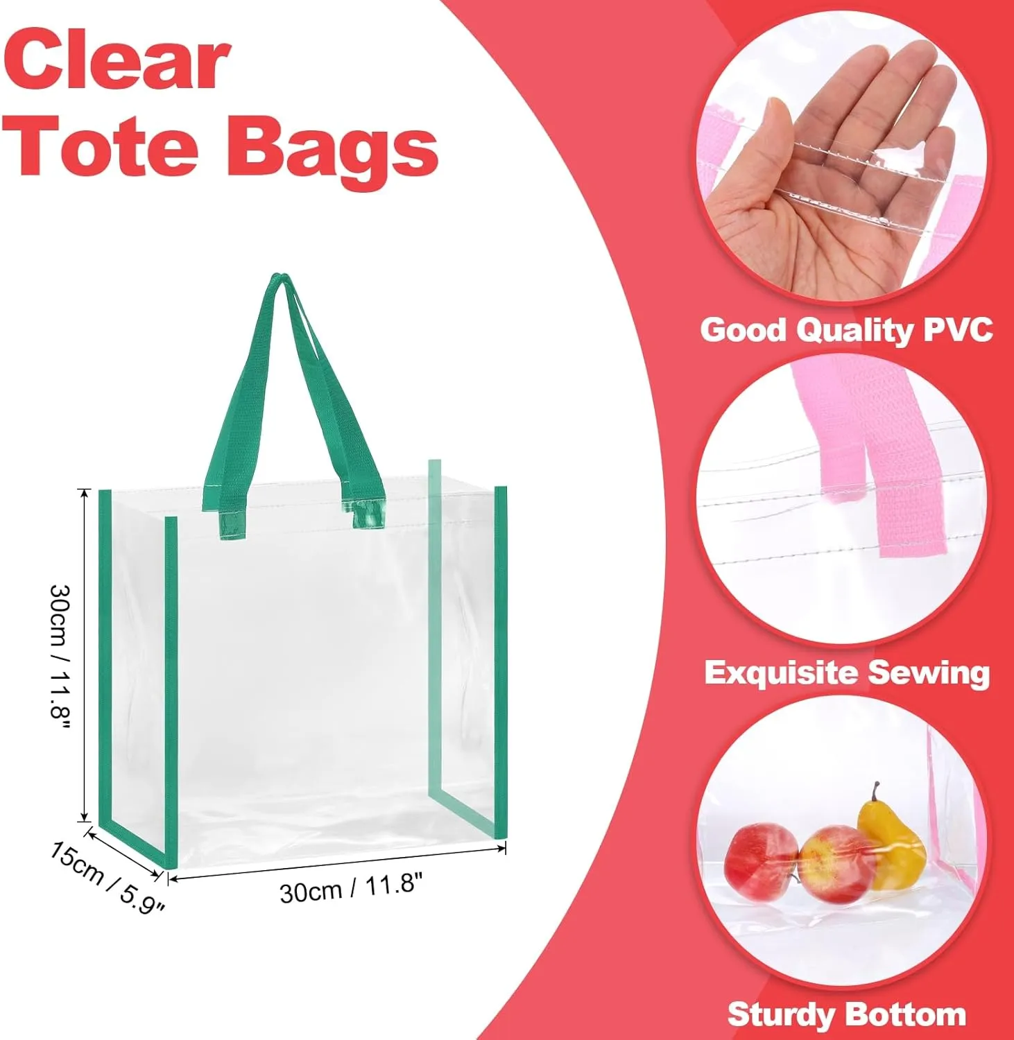 uxcell Clear Tote Bags Bulk, Reusable Clear Plastic Tote Bags with Handles PVC Stadium Approved Clear Bag Beach Bag