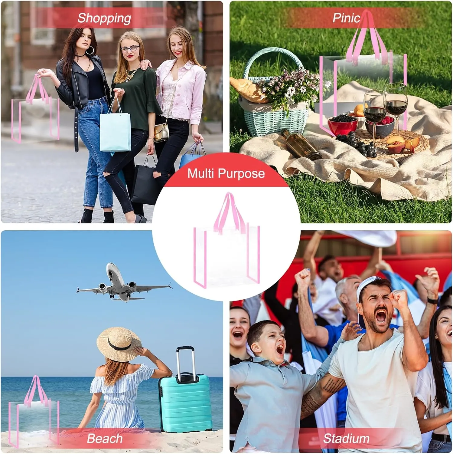 uxcell Clear Tote Bags Bulk, Reusable Clear Plastic Tote Bags with Handles PVC Stadium Approved Clear Bag Beach Bag