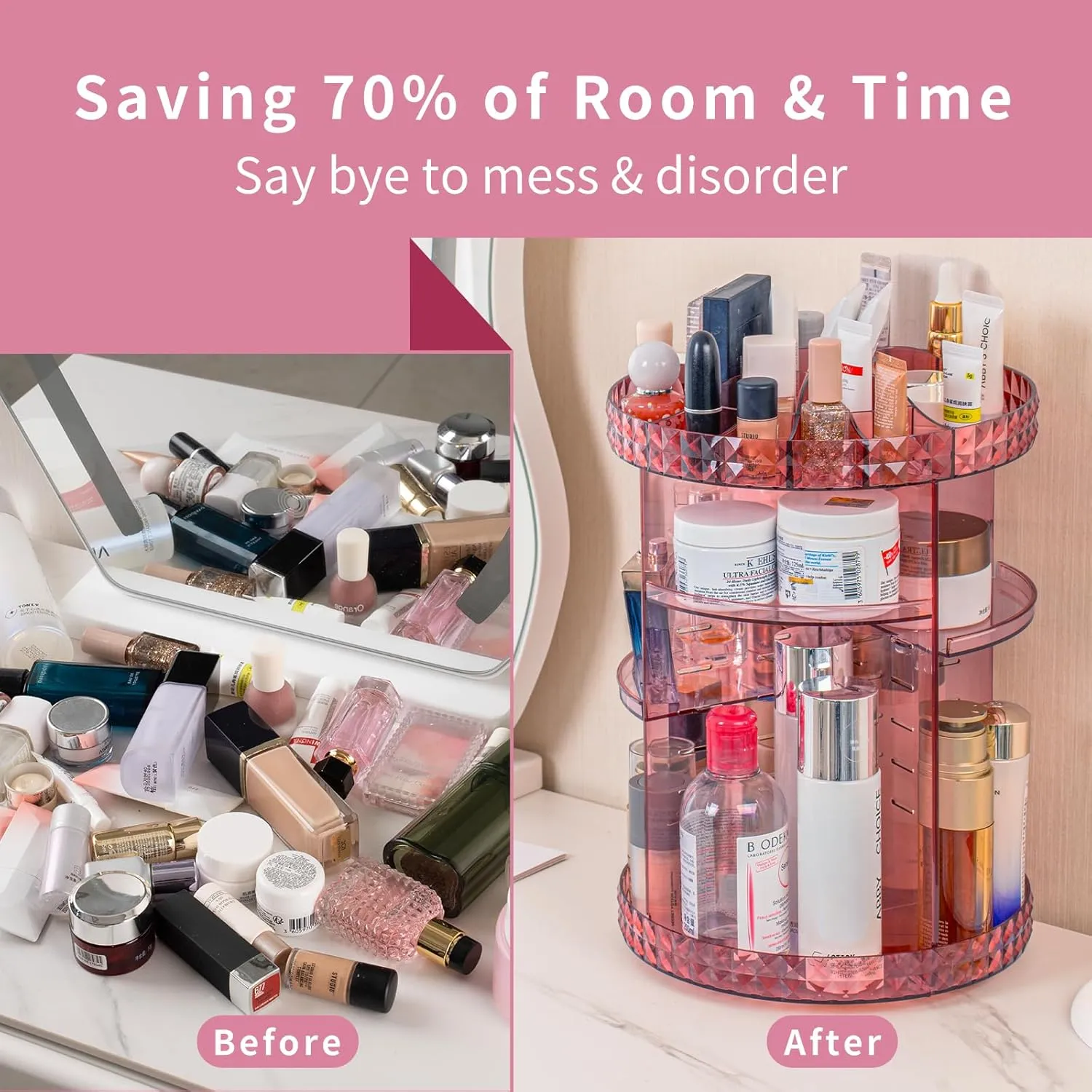 V-HANVER 360 Rotating Makeup Organizer Perfume Organizer Pink Cosmetic Storage Display Case Large Capacity Acrylic Beauty Holder Adjustable Partition Height for Bedroom Dresser or Bathroom Vanity