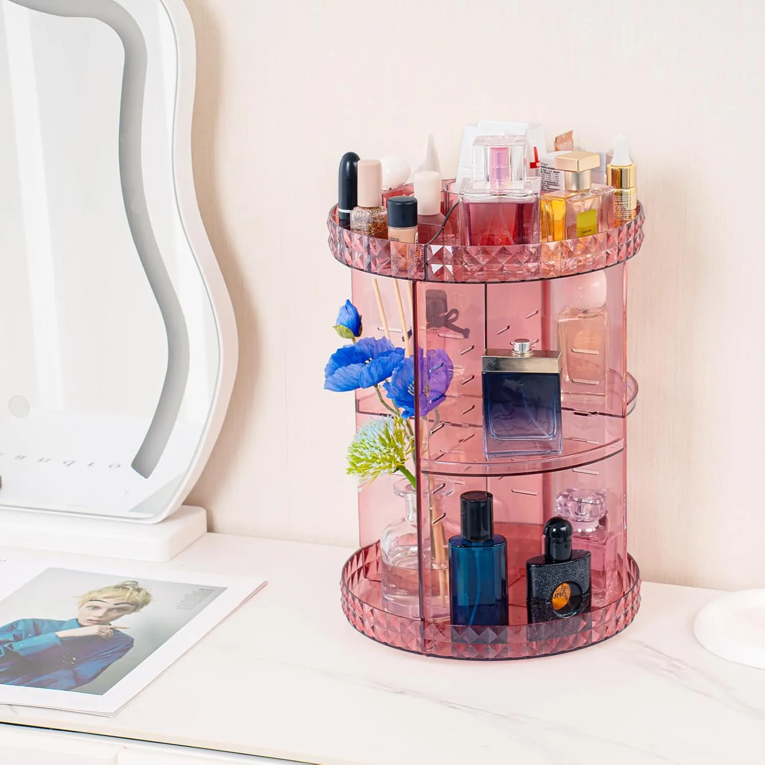 V-HANVER 360 Rotating Makeup Organizer Perfume Organizer Pink Cosmetic Storage Display Case Large Capacity Acrylic Beauty Holder Adjustable Partition Height for Bedroom Dresser or Bathroom Vanity