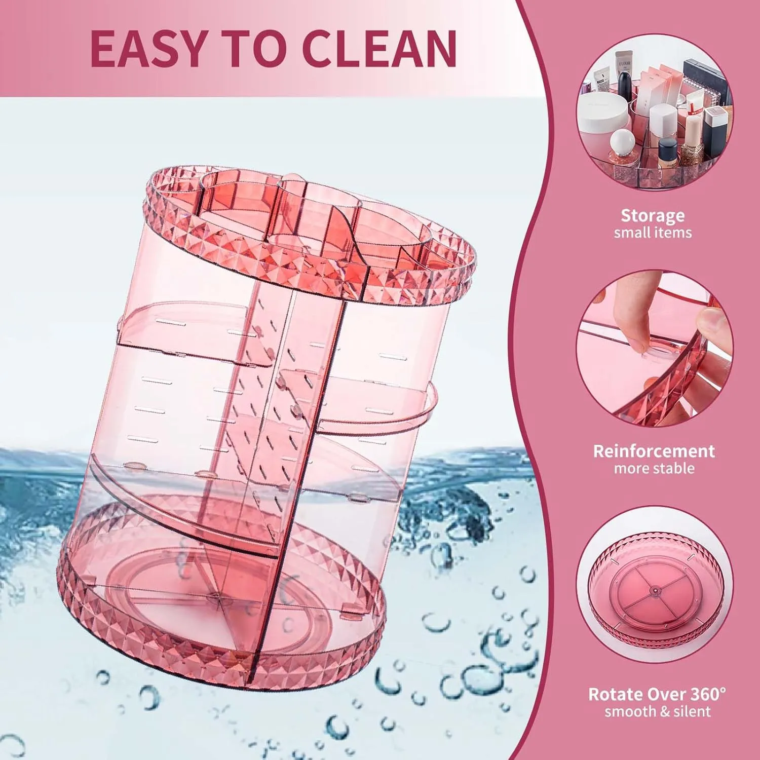 V-HANVER 360 Rotating Makeup Organizer Perfume Organizer Pink Cosmetic Storage Display Case Large Capacity Acrylic Beauty Holder Adjustable Partition Height for Bedroom Dresser or Bathroom Vanity