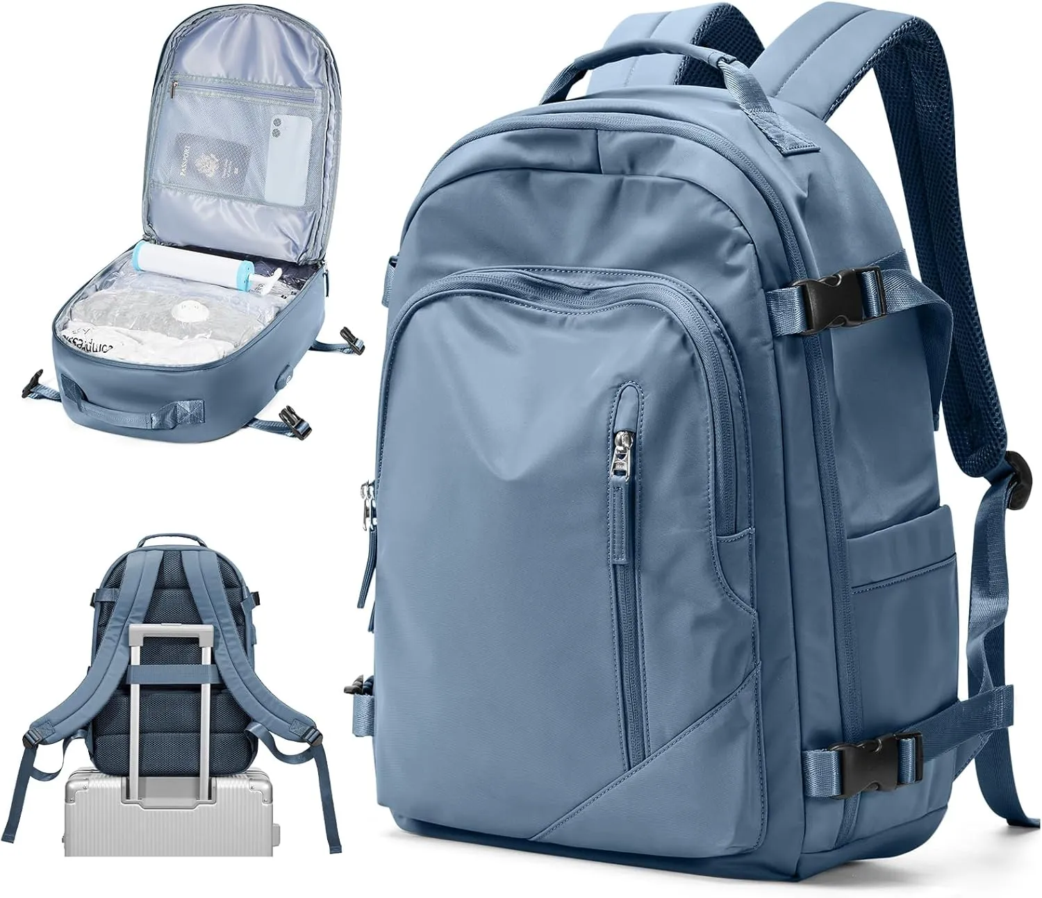 Vacuum Backpack for Travel, Waterproof Separate Seal Compression Bag with Travel Pump, Carry on Backpack Flight Approved Personal Item Bag Casual Daypacks Cabin Bagage with USB Charger, Blue