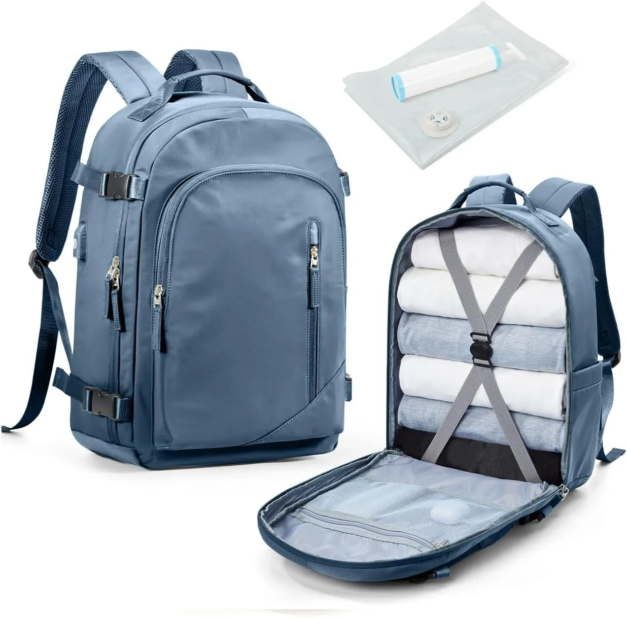 Vacuum Backpack for Travel, Waterproof Separate Seal Compression Bag with Travel Pump, Carry on Backpack Flight Approved Personal Item Bag Casual Daypacks Cabin Bagage with USB Charger, Blue
