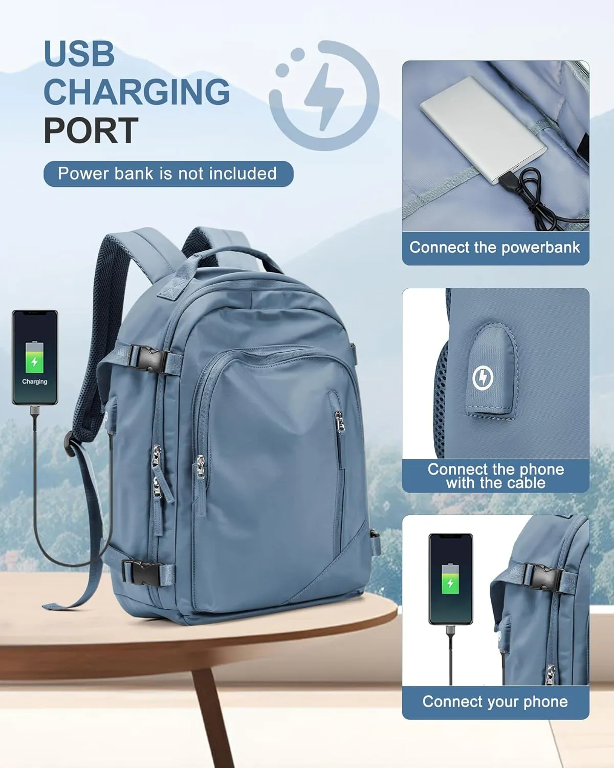 Vacuum Backpack for Travel, Waterproof Separate Seal Compression Bag with Travel Pump, Carry on Backpack Flight Approved Personal Item Bag Casual Daypacks Cabin Bagage with USB Charger, Blue