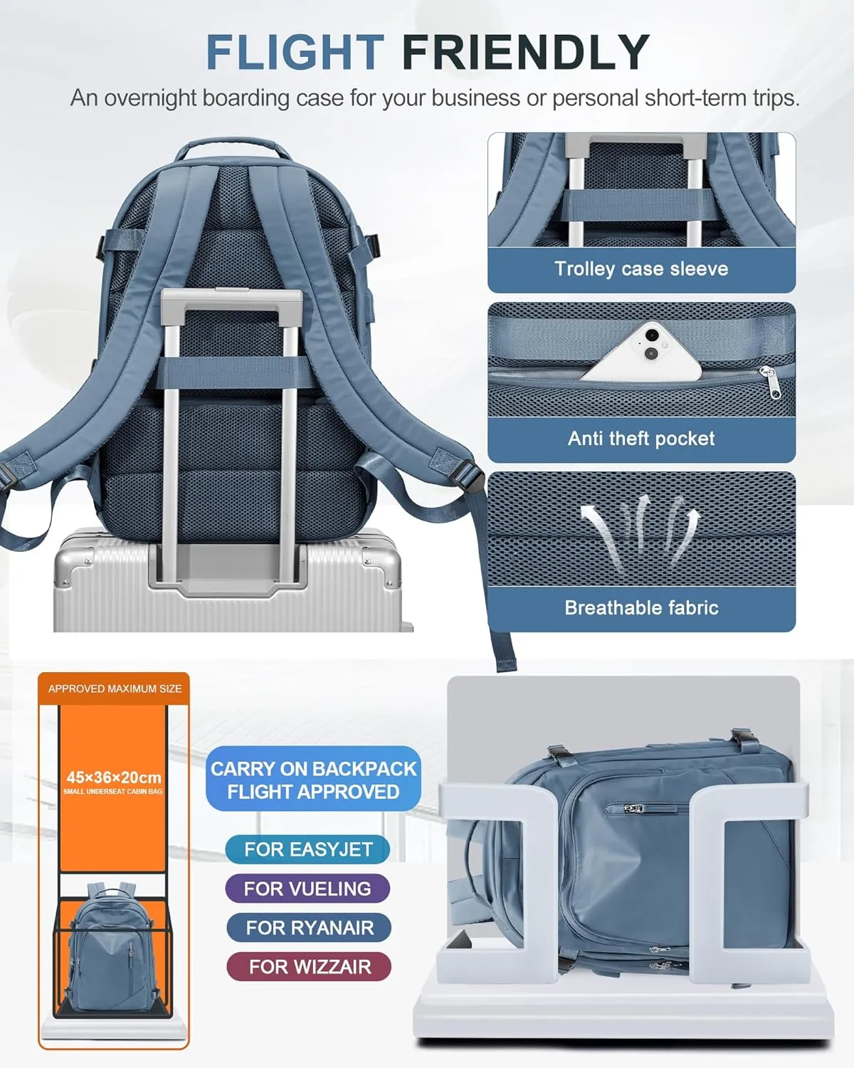 Vacuum Backpack for Travel, Waterproof Separate Seal Compression Bag with Travel Pump, Carry on Backpack Flight Approved Personal Item Bag Casual Daypacks Cabin Bagage with USB Charger, Blue