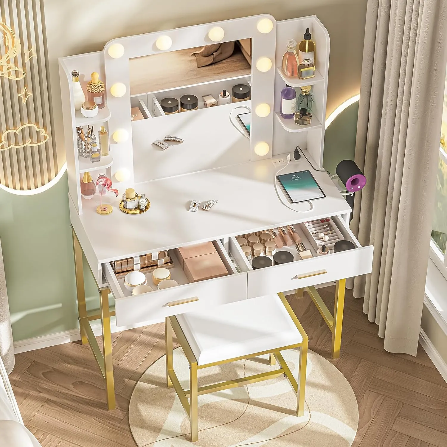 Vanity Desk with Mirror, LED Lights and Power Outlet Makeup Vanity with 2 Large Drawers,3 Lighting Modes & Adjustable Brightness, Dressing Table with Cushioned Stool for Dressing Room & Bedroom.