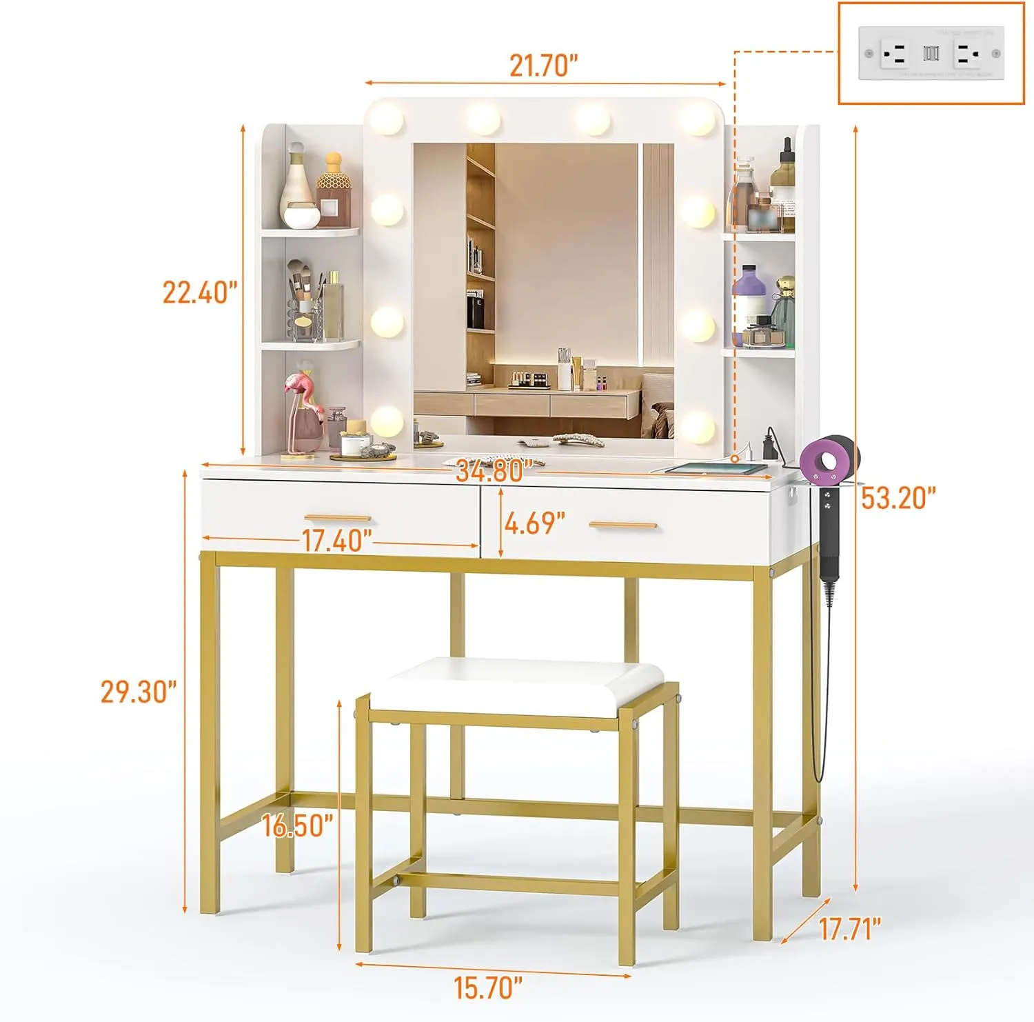 Vanity Desk with Mirror, LED Lights and Power Outlet Makeup Vanity with 2 Large Drawers,3 Lighting Modes & Adjustable Brightness, Dressing Table with Cushioned Stool for Dressing Room & Bedroom.