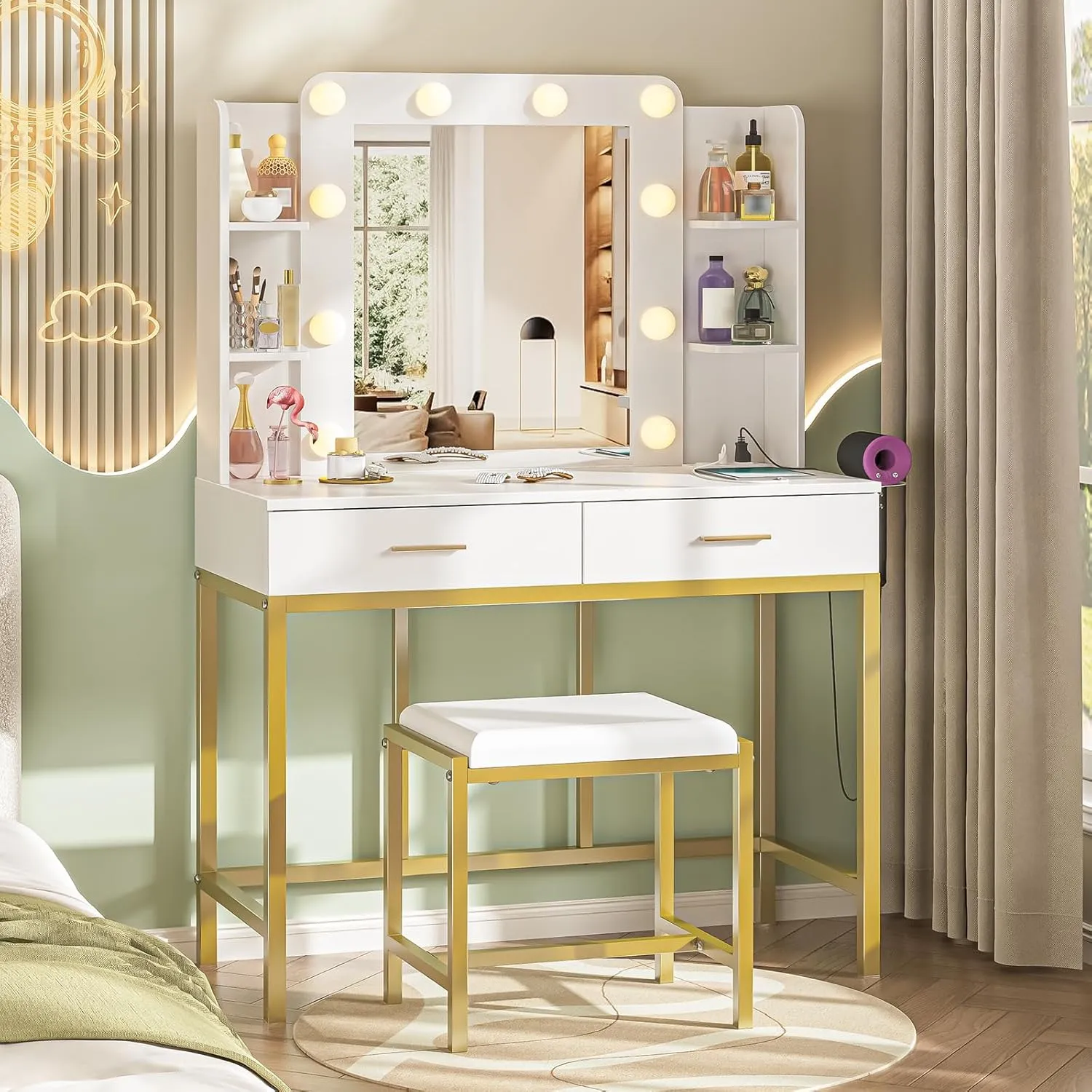 Vanity Desk with Mirror, LED Lights and Power Outlet Makeup Vanity with 2 Large Drawers,3 Lighting Modes & Adjustable Brightness, Dressing Table with Cushioned Stool for Dressing Room & Bedroom.