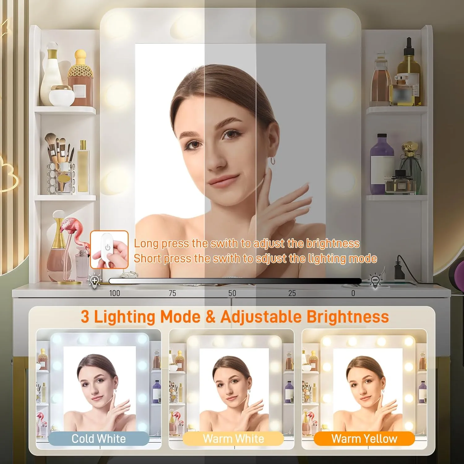 Vanity Desk with Mirror, LED Lights and Power Outlet Makeup Vanity with 2 Large Drawers,3 Lighting Modes & Adjustable Brightness, Dressing Table with Cushioned Stool for Dressing Room & Bedroom.