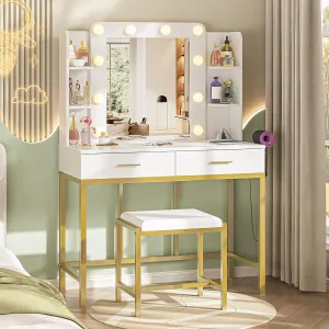 Vanity Desk with Mirror, LED Lights and Power Outlet Makeup Vanity with 2 Large Drawers,3 Lighting Modes & Adjustable Brightness, Dressing Table with Cushioned Stool for Dressing Room & Bedroom.