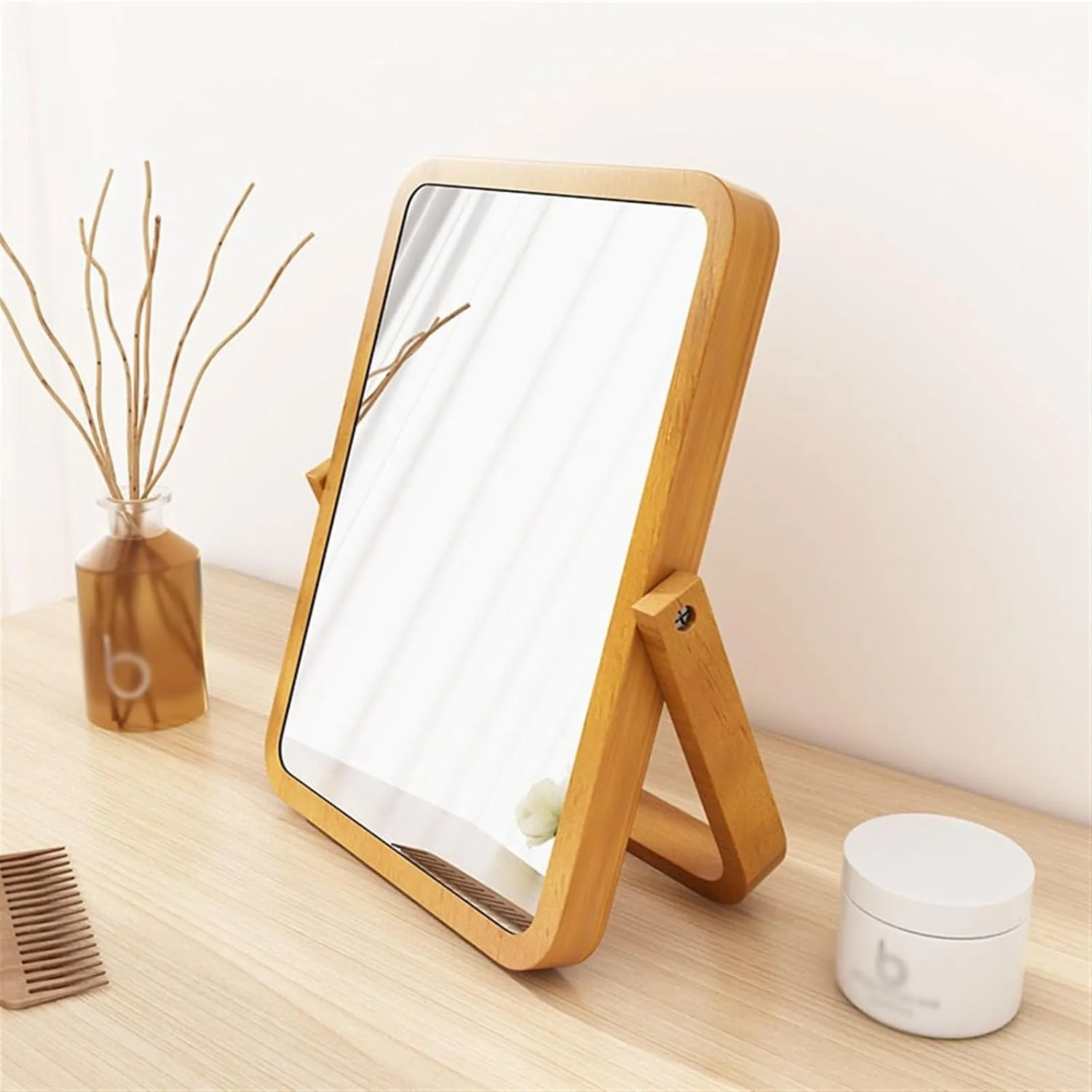 Vanity Mirror Home Mirror Bedroom Wooden Makeup Mirror Office Desktop Small Dressing Mirror Portable Foldable Makeup Mirror