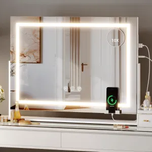 Vanity Mirror with LED Lights and USB & Type C Charging Port, 25in 360° Rotatable Makeup Mirror with 3-Color Adjustable Lights, Memory Function, Phone Holder, and 10x Magnifying Mirror