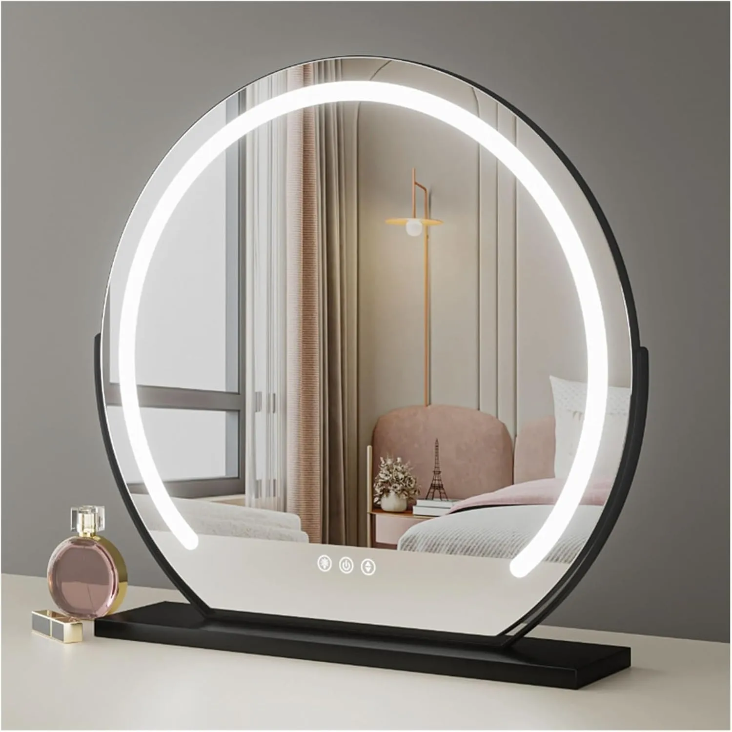 Vanity Mirror with Lights, 40cm 50cm 60cm LED Desktop Makeup Mirror with Smart Touch, Dimmable 3 Modes Light, Round Desk Mirror with Metal Stand Base(Black,40cm/15.7in)