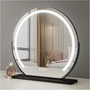 Vanity Mirror with Lights, 40cm 50cm 60cm LED Desktop Makeup Mirror with Smart Touch, Dimmable 3 Modes Light, Round Desk Mirror with Metal Stand Base(Black,40cm/15.7in)