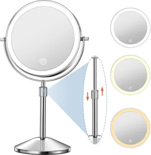 Vanity Mirror with Lights 7" Rechargeable 1x/10x Lighted Makeup Mirror Adjustable Height Double Sided Mirror with Lights 360°Rotating Makeup Mirror