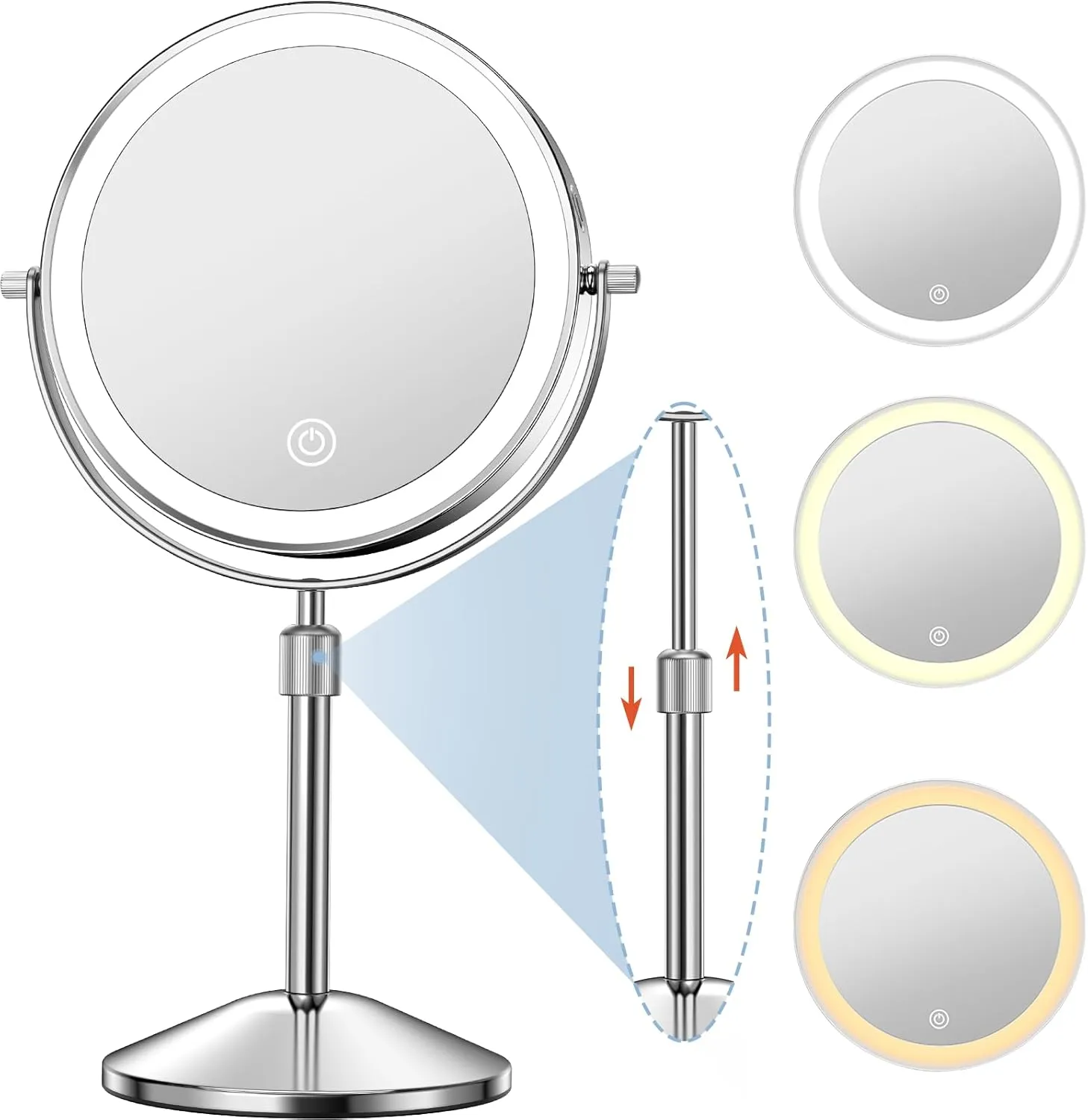 Vanity Mirror with Lights 7" Rechargeable 1x/10x Lighted Makeup Mirror Adjustable Height Double Sided Mirror with Lights 360°Rotating Makeup Mirror