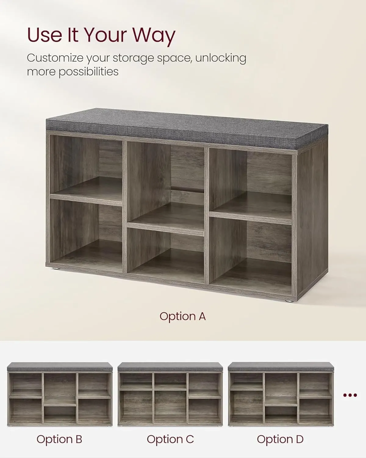 VASAGLE Shoe Bench with Cushion, Shoe Storage Bench with 6 Compartments and 3 Adjustable Shelves, Entryway Bench with Padded Seat, for Bedroom, Closet, Living Room, Greige ULHS023K02