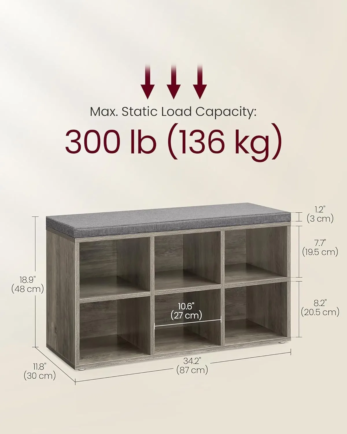 VASAGLE Shoe Bench with Cushion, Shoe Storage Bench with 6 Compartments and 3 Adjustable Shelves, Entryway Bench with Padded Seat, for Bedroom, Closet, Living Room, Greige ULHS023K02