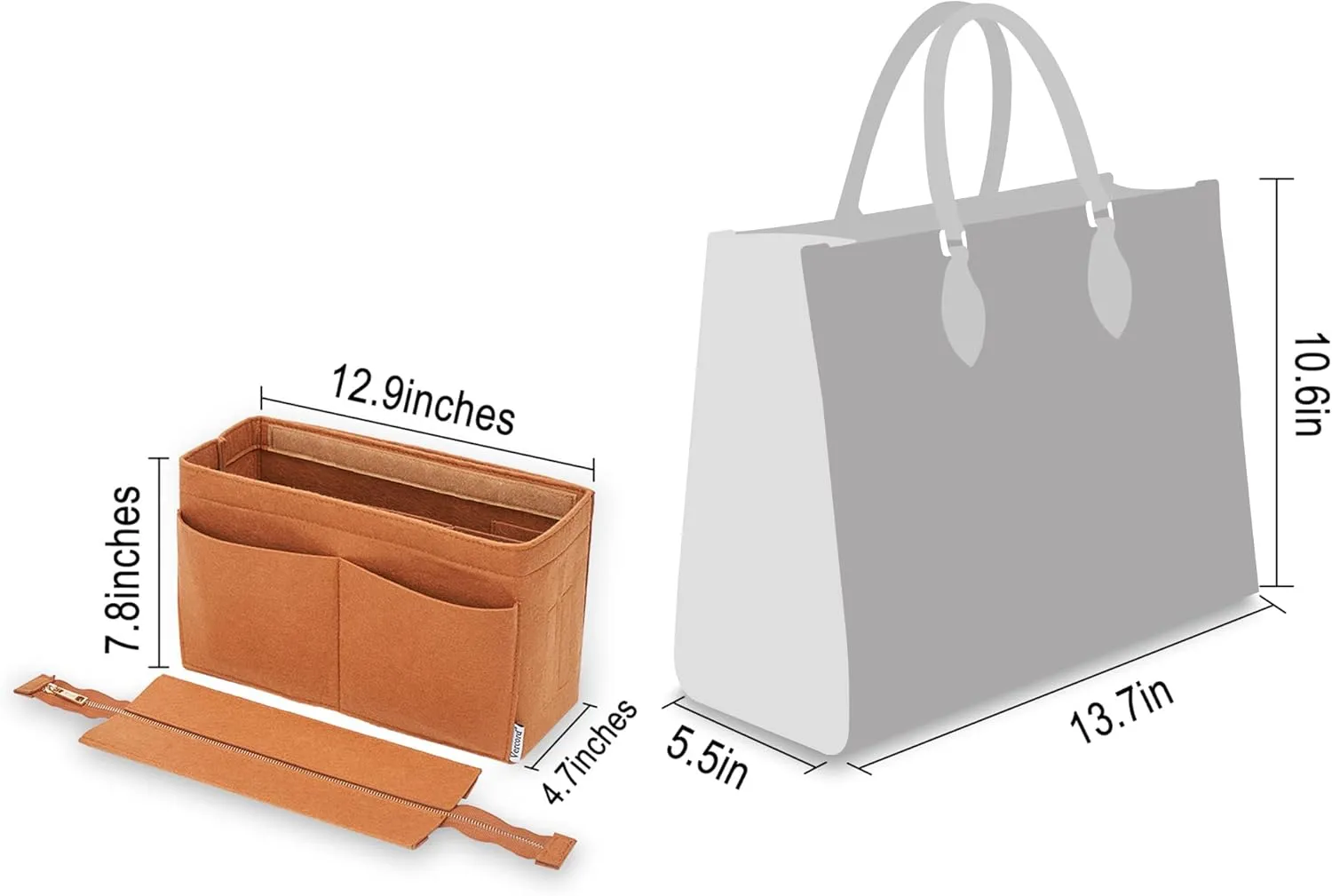 Vercord Felt Purse Organizer Insert Onthego 35 Handbag Tote Bag Organizer Bag in Bag with Removable Zipper
