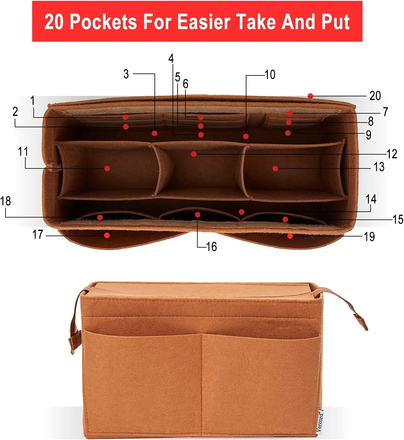 Vercord Felt Purse Organizer Insert Onthego 35 Handbag Tote Bag Organizer Bag in Bag with Removable Zipper