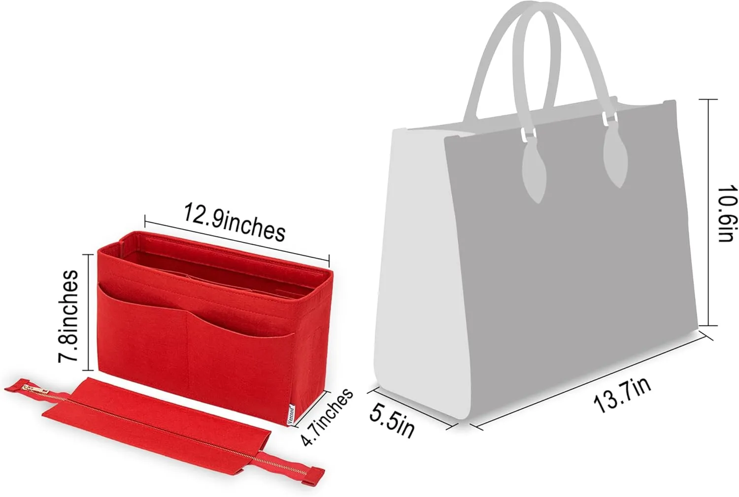 Vercord Felt Purse Organizer Insert Onthego MM Handbag Tote Bag Organizer Bag in Bag with Removable Zipper