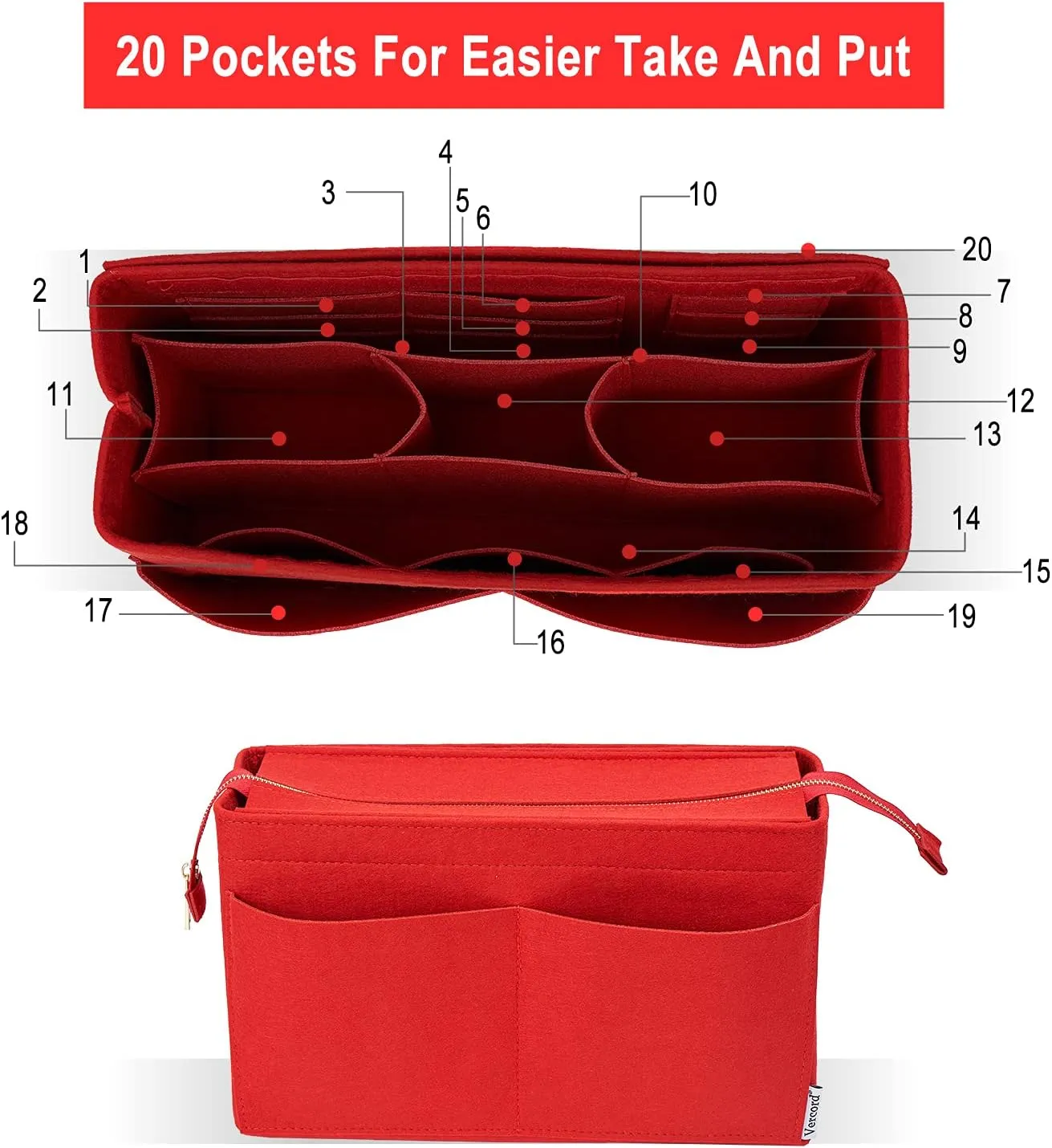 Vercord Felt Purse Organizer Insert Onthego MM Handbag Tote Bag Organizer Bag in Bag with Removable Zipper