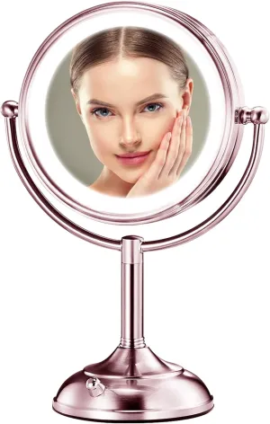 VESAUR Lighted Makeup Mirror Pink Nickel, Double Sided 1X/10X HD Undistorted Magnifying Mirror, 8.5" Vanity Mirror with 3 Colors Dimmable, 90 High Lumen LEDs, 360°Swivel, Dual Power Supply, Prime Gift