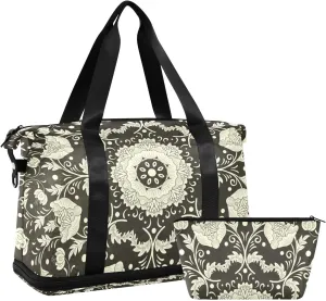 Vintage Imitating Chinese Porcelain Paint Floral Flowers Gym Duffel Bag, Polyester Travel Weekender Luggage Handbag with Waterproof Pocket for Wet Items, Unisex Foldable Tote for Sports