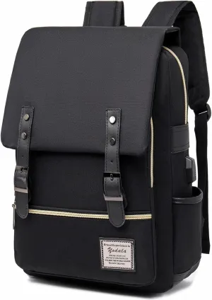 Vintage Laptop Backpack for women men, Water Resistant Cool Work Bag Computer Backpack with USB Charging Port for Travel College, Fits up to 15.6Inch Notebook in ALL Black