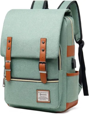 Vintage Laptop Backpack for women men, Water Resistant Cool Work Bag Computer Backpack with USB Charging Port for Travel College, Fits up to 15.6Inch Notebook in Green