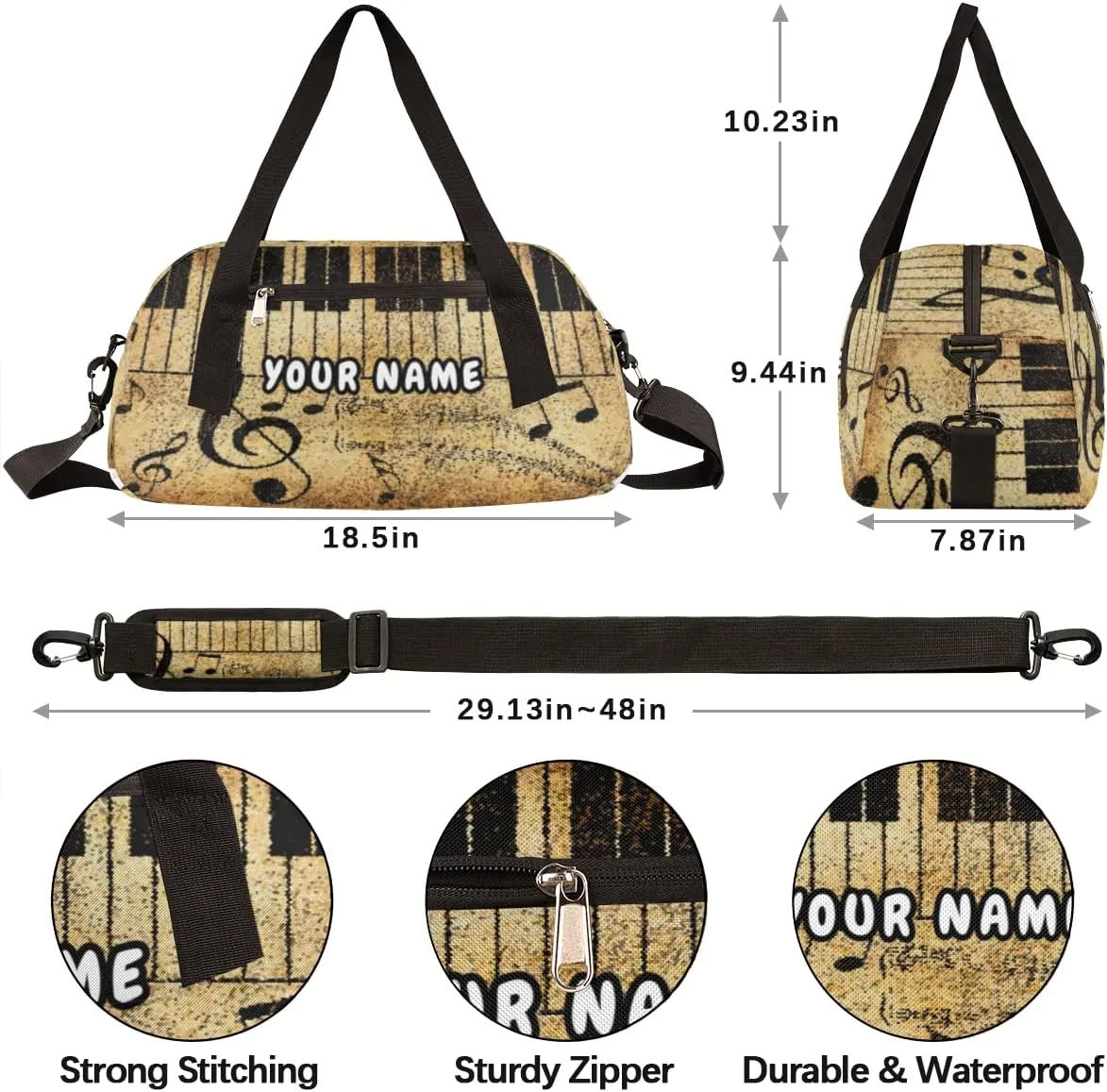 Vintage Music Notes Personalized Kids Duffel Bag for Girls Boys, Vintage Customized Name Dance Bag Overnight Small Duffel Bag Carry On Weekend Travel Bag for School Practice Gymnastics Ballet