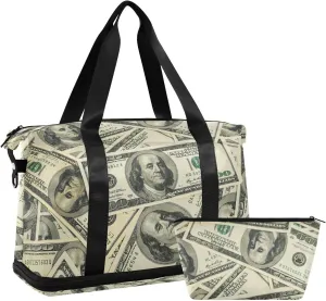 Vintage One Hundred Dollars Pile Seamless Texture Gym Duffel Bag, Polyester Travel Weekender Luggage Handbag with Waterproof Pocket for Wet Items, Unisex Foldable Tote for Sports