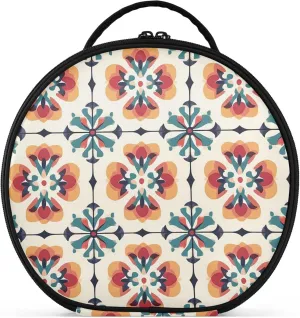 Vintage Symmetrical Pattern Round Makeup Bag for Women, Travel Cosmetic Organizer Bag with Adjustable Dividers Portable Artist Makeup Bags for Cosmetics Jewelry Accessories