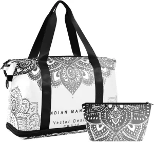 Vintage Tribal Ethnic Mandala Black Indian Floral Ornament Gym Duffel Bag, Polyester Travel Weekender Luggage Handbag with Waterproof Pocket for Wet Items, Unisex Foldable Tote for Sports