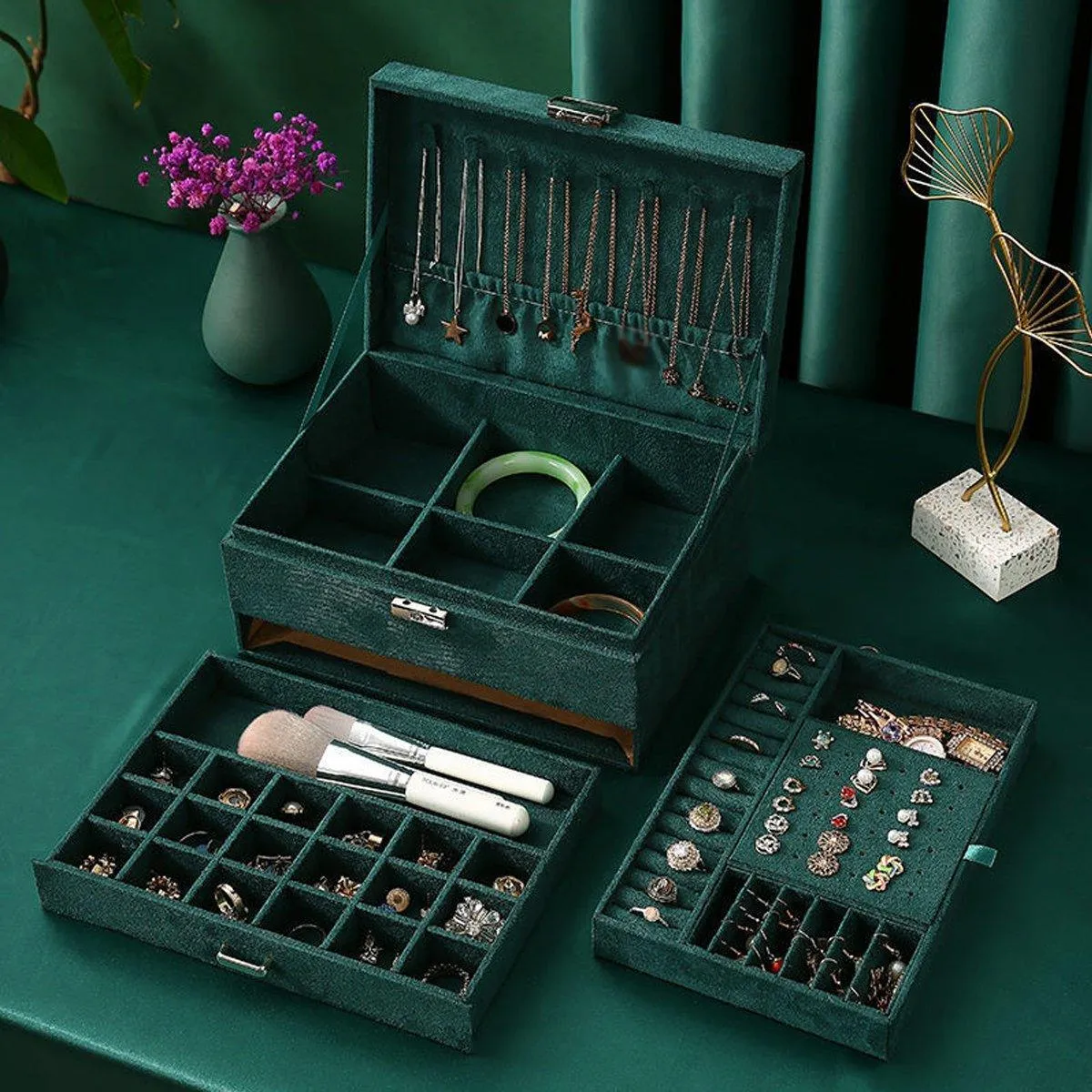 Vintage Triple Jewellery Storage Box Multifunctional Organizer Jewellery Case