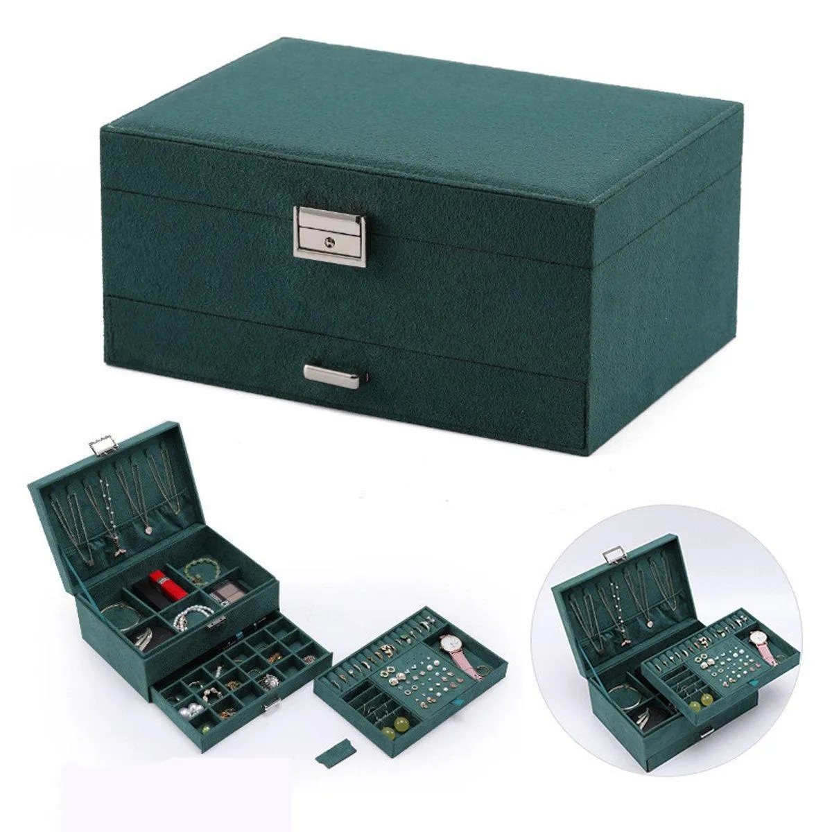Vintage Triple Jewellery Storage Box Multifunctional Organizer Jewellery Case
