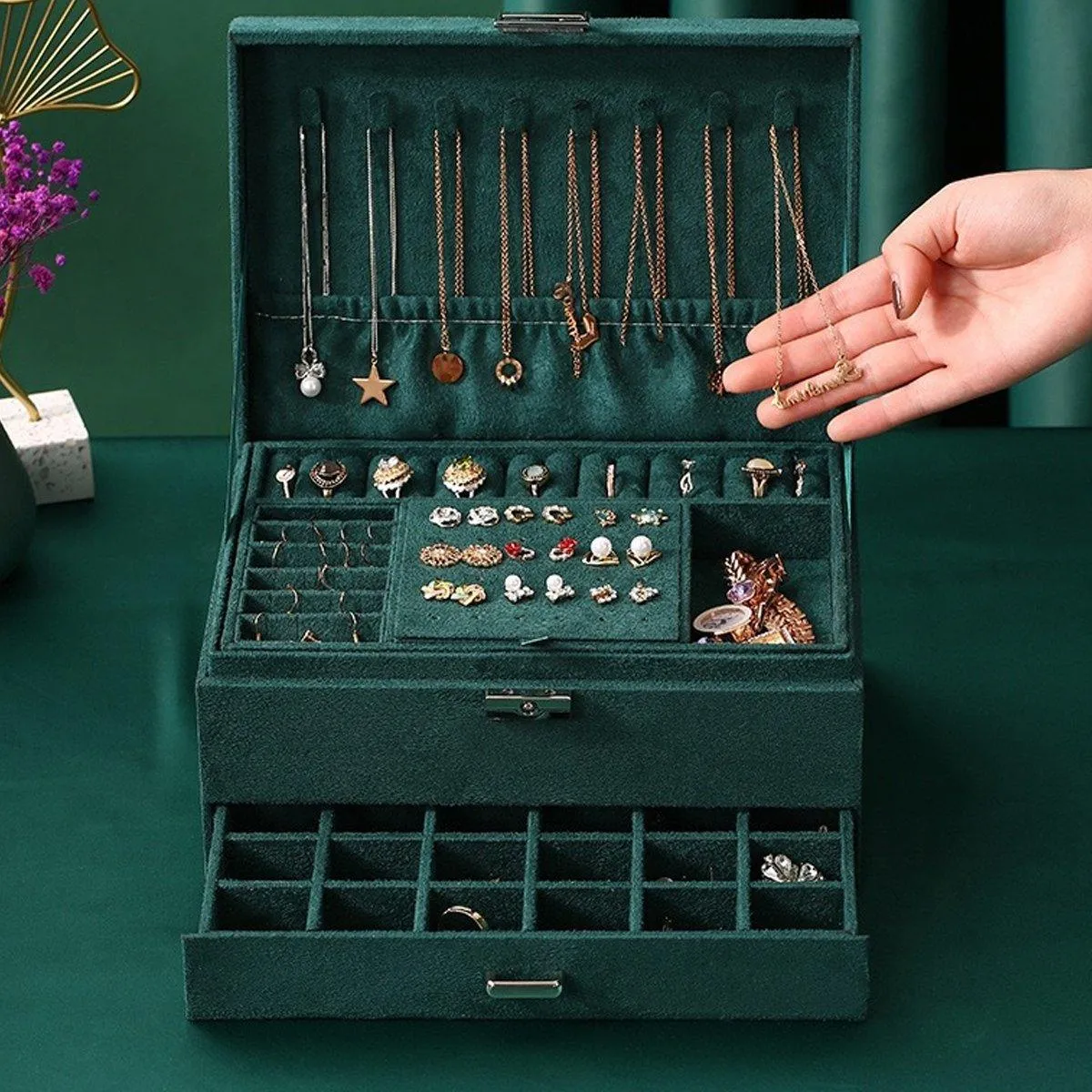 Vintage Triple Jewellery Storage Box Multifunctional Organizer Jewellery Case