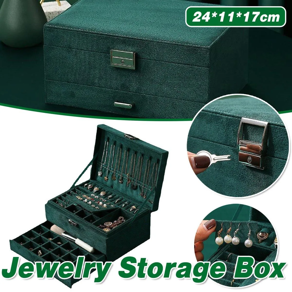 Vintage Triple Jewellery Storage Box Multifunctional Organizer Jewellery Case