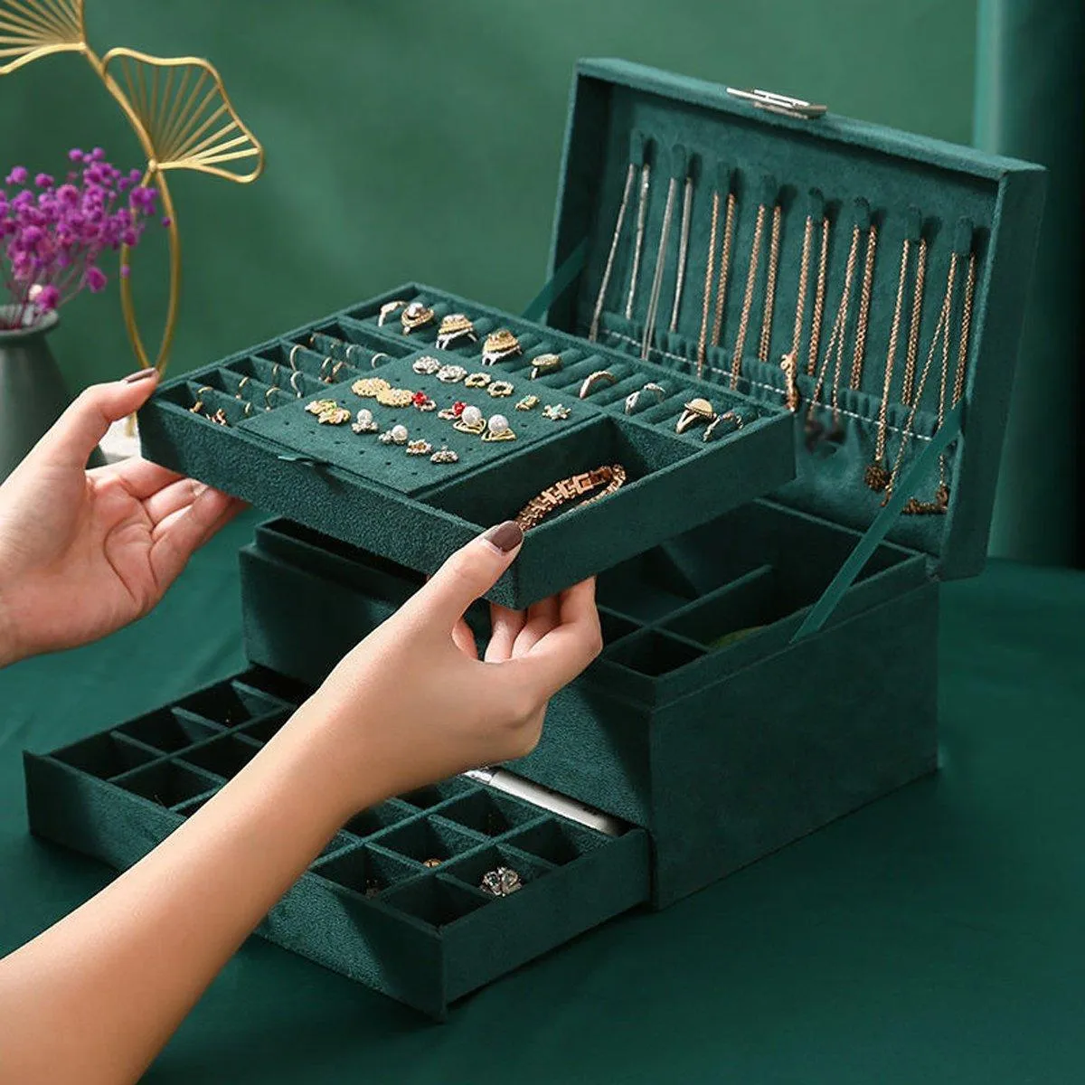 Vintage Triple Jewellery Storage Box Multifunctional Organizer Jewellery Case
