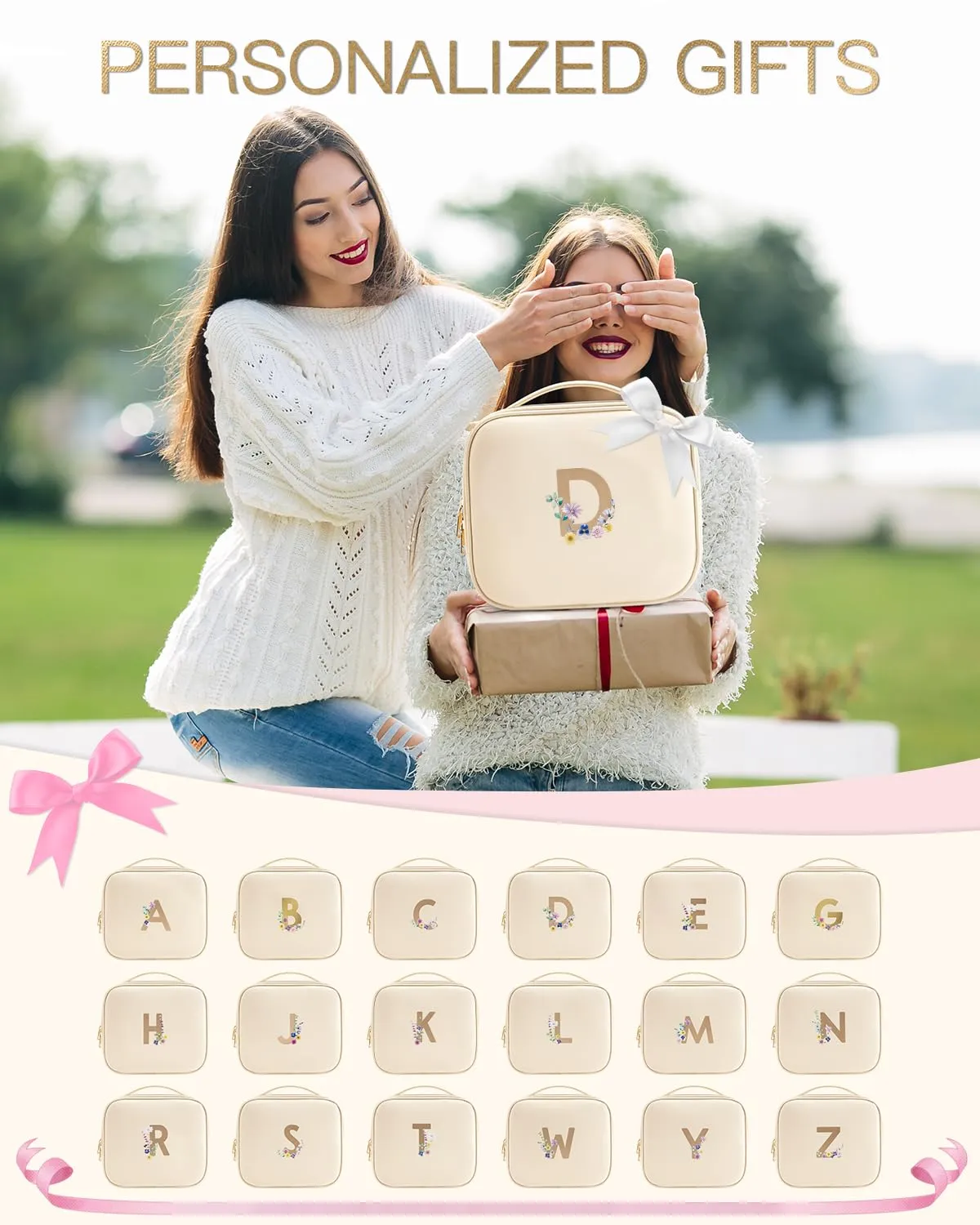 Vlando Travel Gifts for Traveler Women, Portable Make up Storage Bag,Waterproof Travel Toiletry Bag for Women,Preppy Travel Stuff for Teen Girls Birthday Gift for Daughter Friends(Letter D)